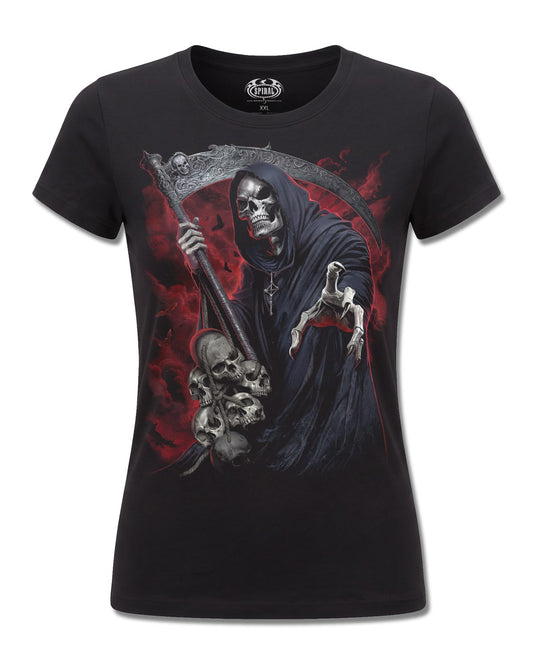 Spiral Reaper Revenge design, front view on Black F775, Rock Off Retail official merch
