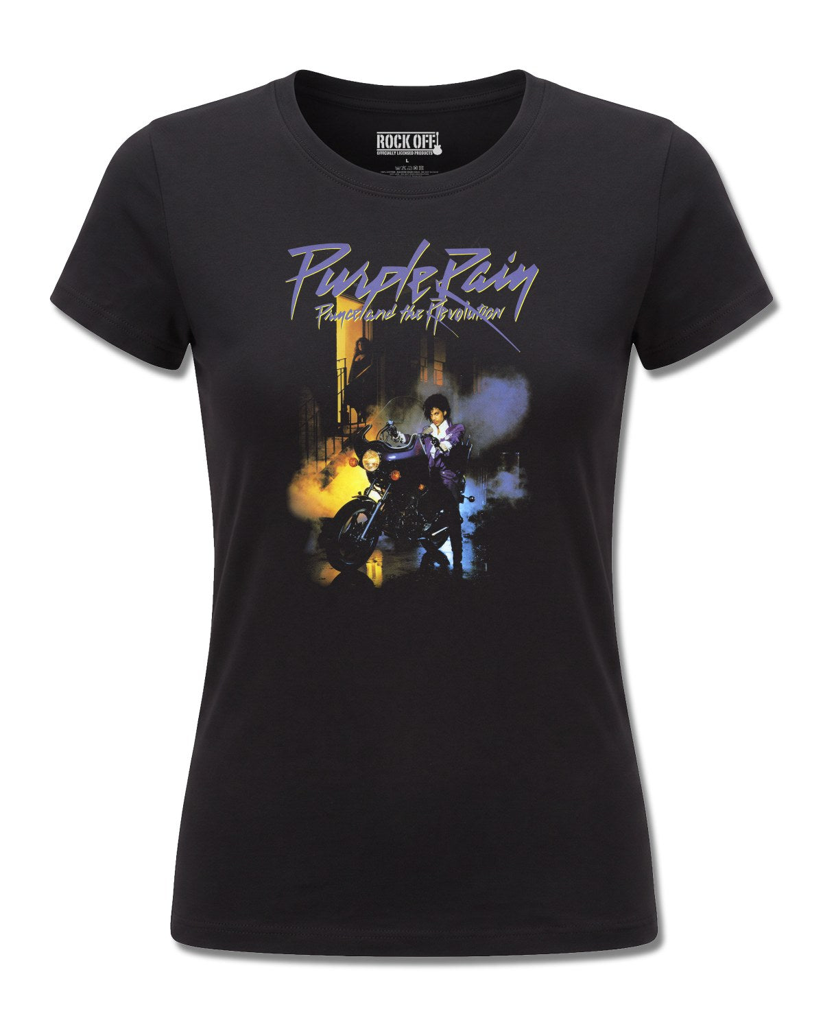 Prince Purple Rain (Prince) design, front view on Black F775, Rock Off Retail official merch