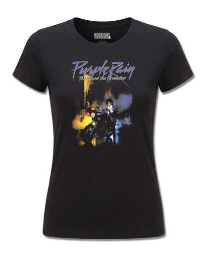 Prince Purple Rain (Prince) design, front view on Black F775, Rock Off Retail official merch