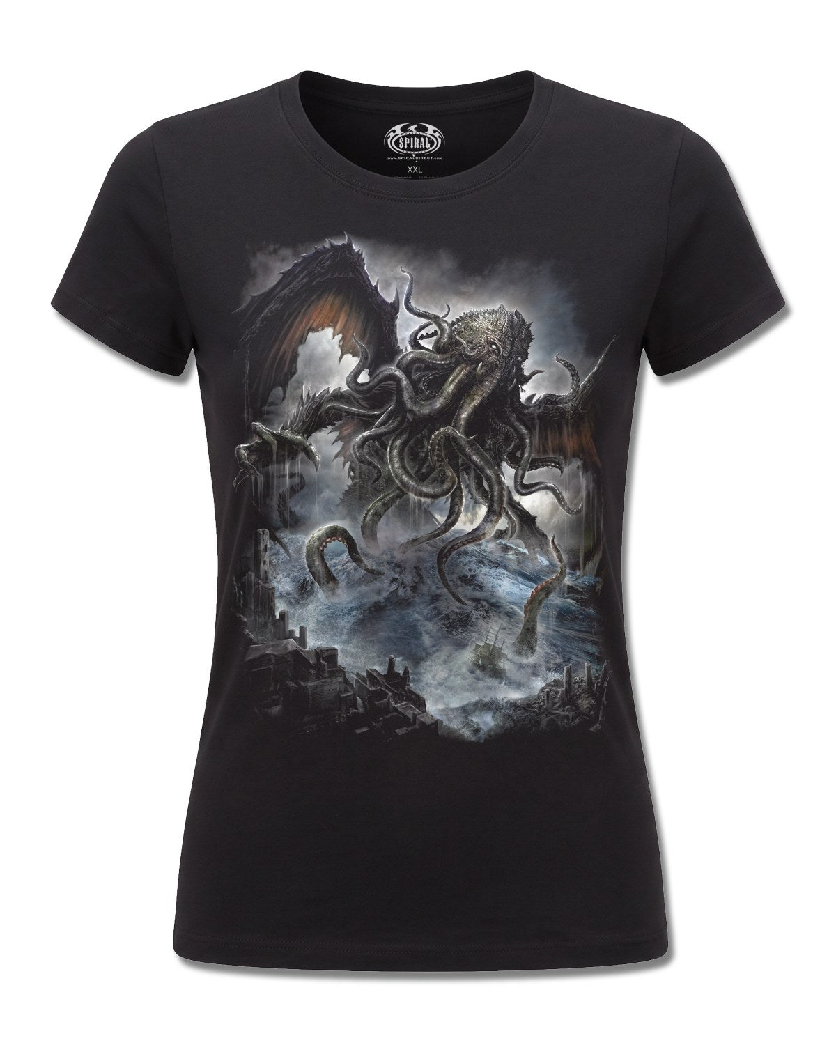 Spiral Cthulhu design, front view on Black F775, Rock Off Retail official merch