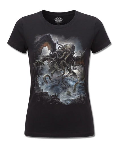 Spiral Cthulhu design, front view on Black F775, Rock Off Retail official merch