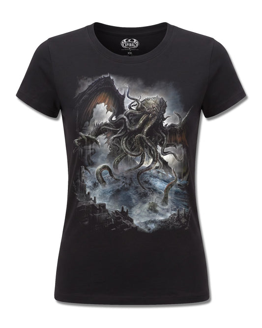 Spiral Cthulhu design, front view on Black F775, Rock Off Retail official merch