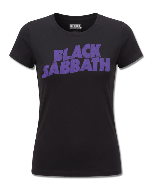 Black Sabbath Wavy Logo (Black Sabbath) design, front view on Black F775, Rock Off Retail official merch