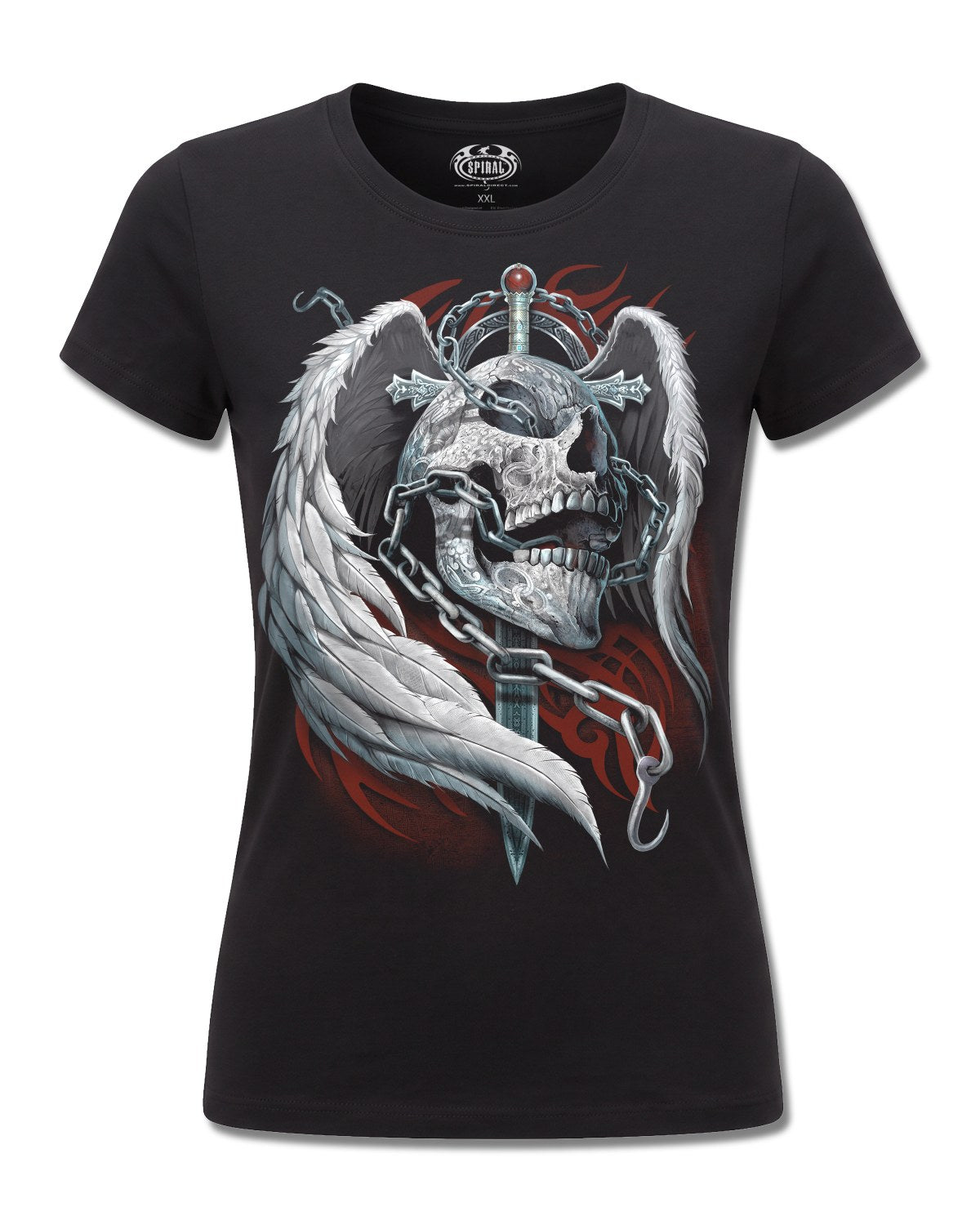 Spiral Enchained Soul design, front view on Black F775, Rock Off Retail official merch