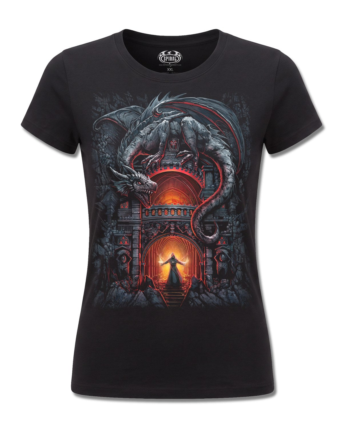Spiral Dragon's Lair design, front view on Black F775, Rock Off Retail official merch