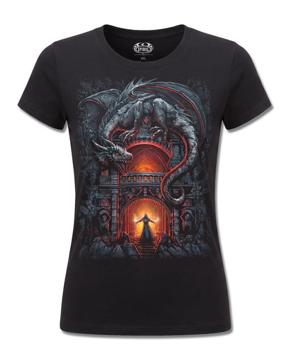 Spiral Dragon's Lair design, front view on Black F775, Rock Off Retail official merch