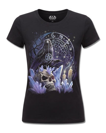 Spiral Witchcraft design, front view on Black F775, Rock Off Retail official merch