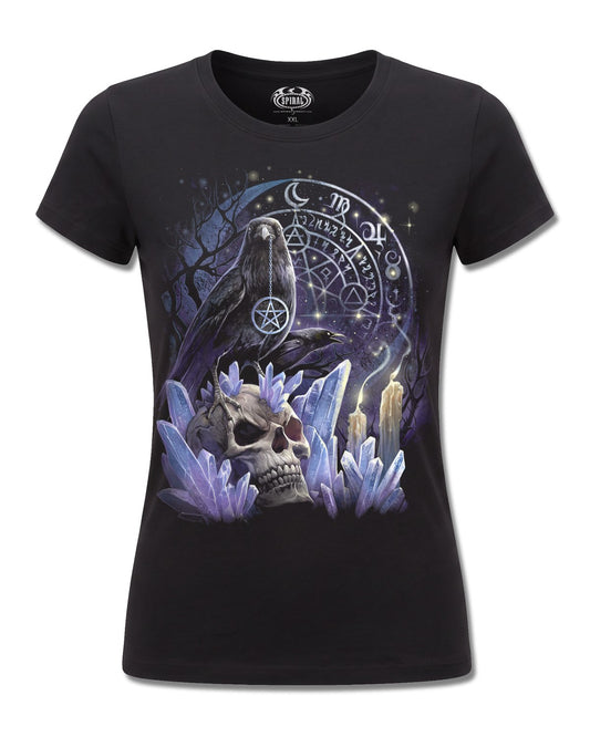 Spiral Witchcraft design, front view on Black F775, Rock Off Retail official merch