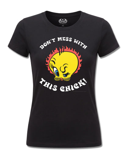Looney Tunes Tweety Tough Chick (Looney Tunes) design, front view on Black F775, Rock Off Retail official merch