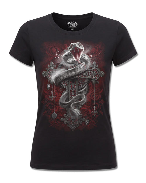 Spiral Gothic Serpent design, front view on Black F775, Rock Off Retail official merch