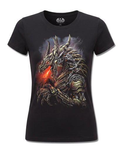 Spiral Dragon Cogs design, front view on Black F775, Rock Off Retail official merch