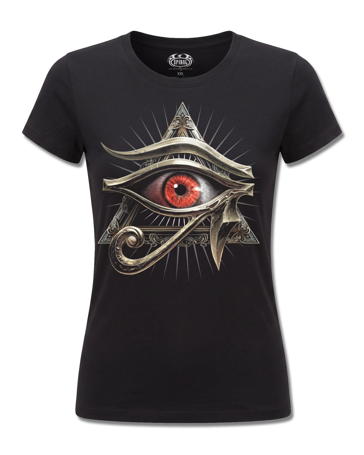 Spiral Evil Eye design, front view on Black F775, Rock Off Retail official merch