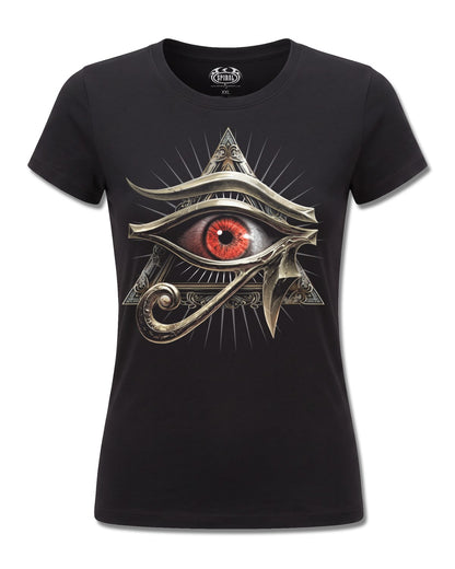 Spiral Evil Eye design, front view on Black F775, Rock Off Retail official merch