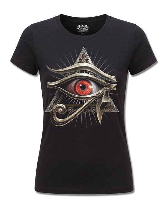 Spiral Evil Eye design, front view on Black F775, Rock Off Retail official merch
