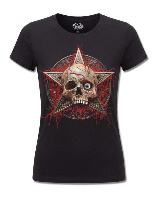 Spiral Creeping Curse design, front view on Black F775, Rock Off Retail official merch