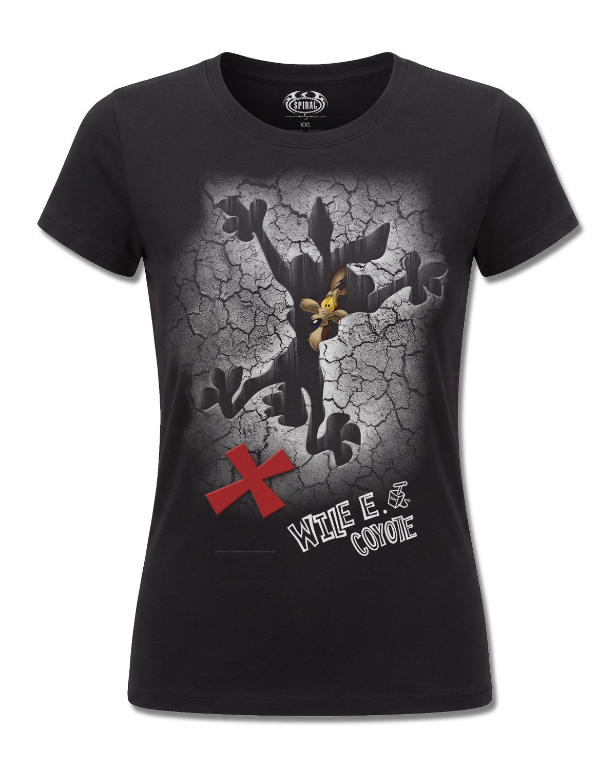 Looney Tunes Coyote Missed The Spot (Looney Tunes) design, front view on Black F775, Rock Off Retail official merch