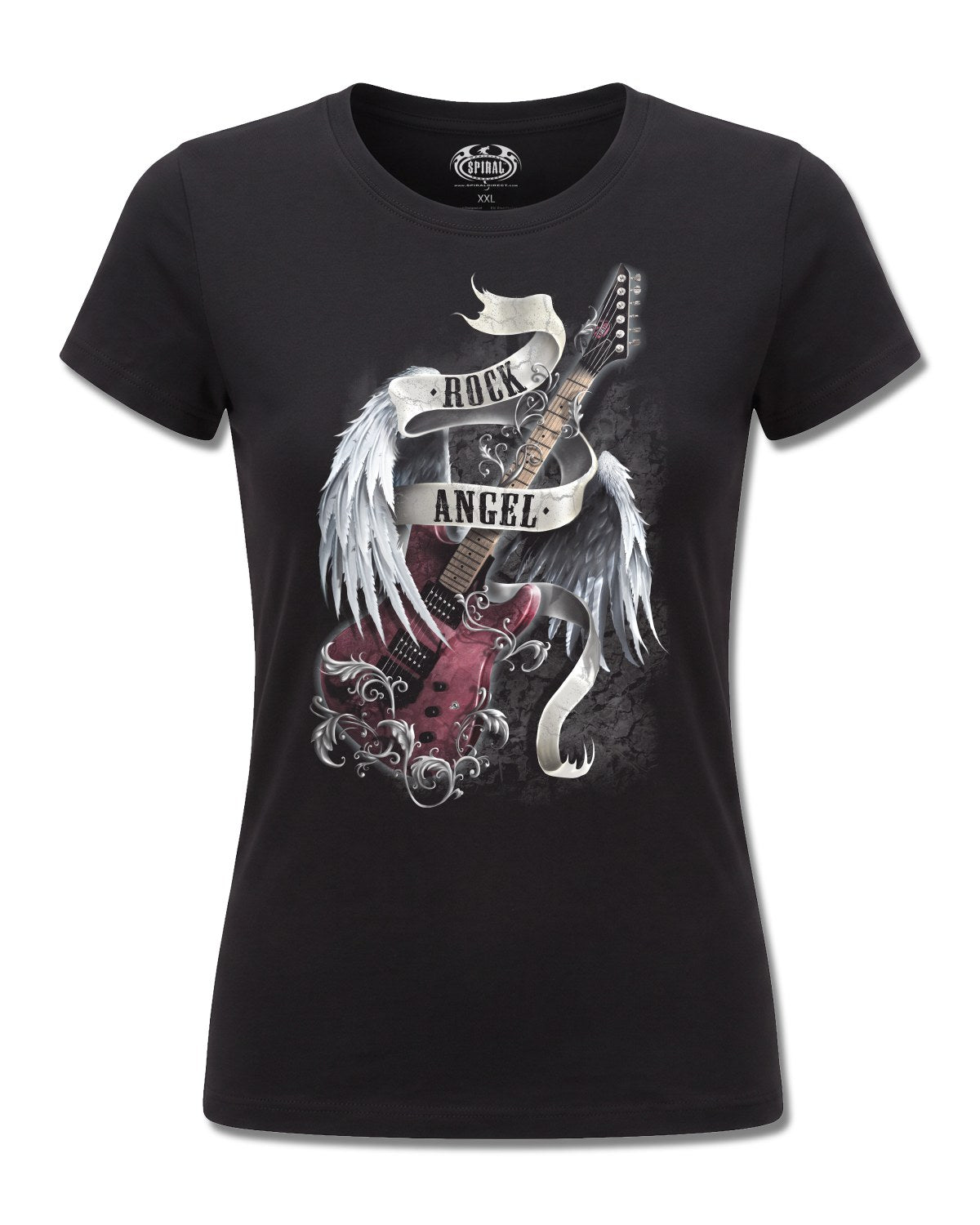 Spiral Rock Angel design, front view on Black F775, Rock Off Retail official merch