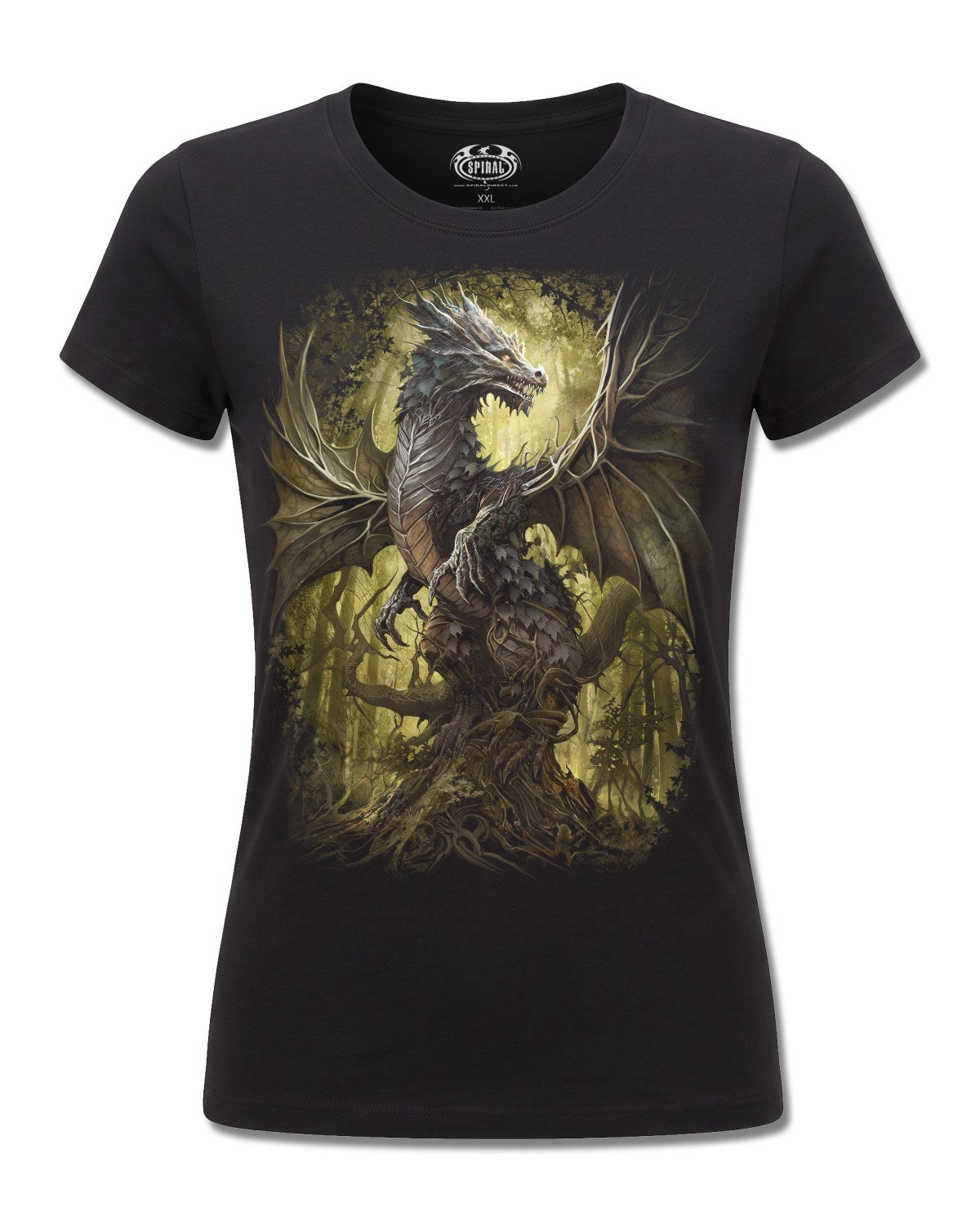 Spiral Oak Dragon design, front view on Black F775, Rock Off Retail official merch