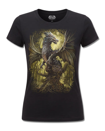 Spiral Oak Dragon design, front view on Black F775, Rock Off Retail official merch