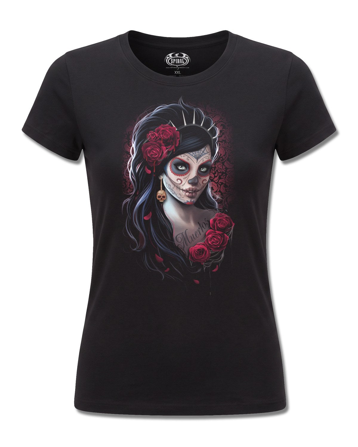Spiral Day Of The Dead design, front view on Black F775, Rock Off Retail official merch