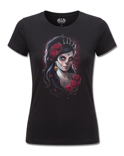 Spiral Day Of The Dead design, front view on Black F775, Rock Off Retail official merch