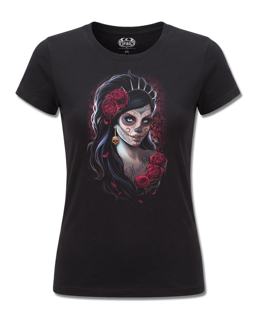 Spiral Day Of The Dead design, front view on Black F775, Rock Off Retail official merch