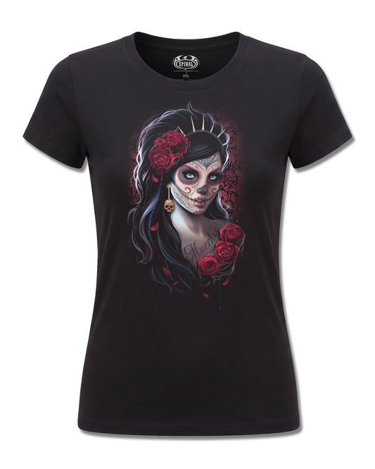 Spiral Day Of The Dead design, front view on Black F775, Rock Off Retail official merch