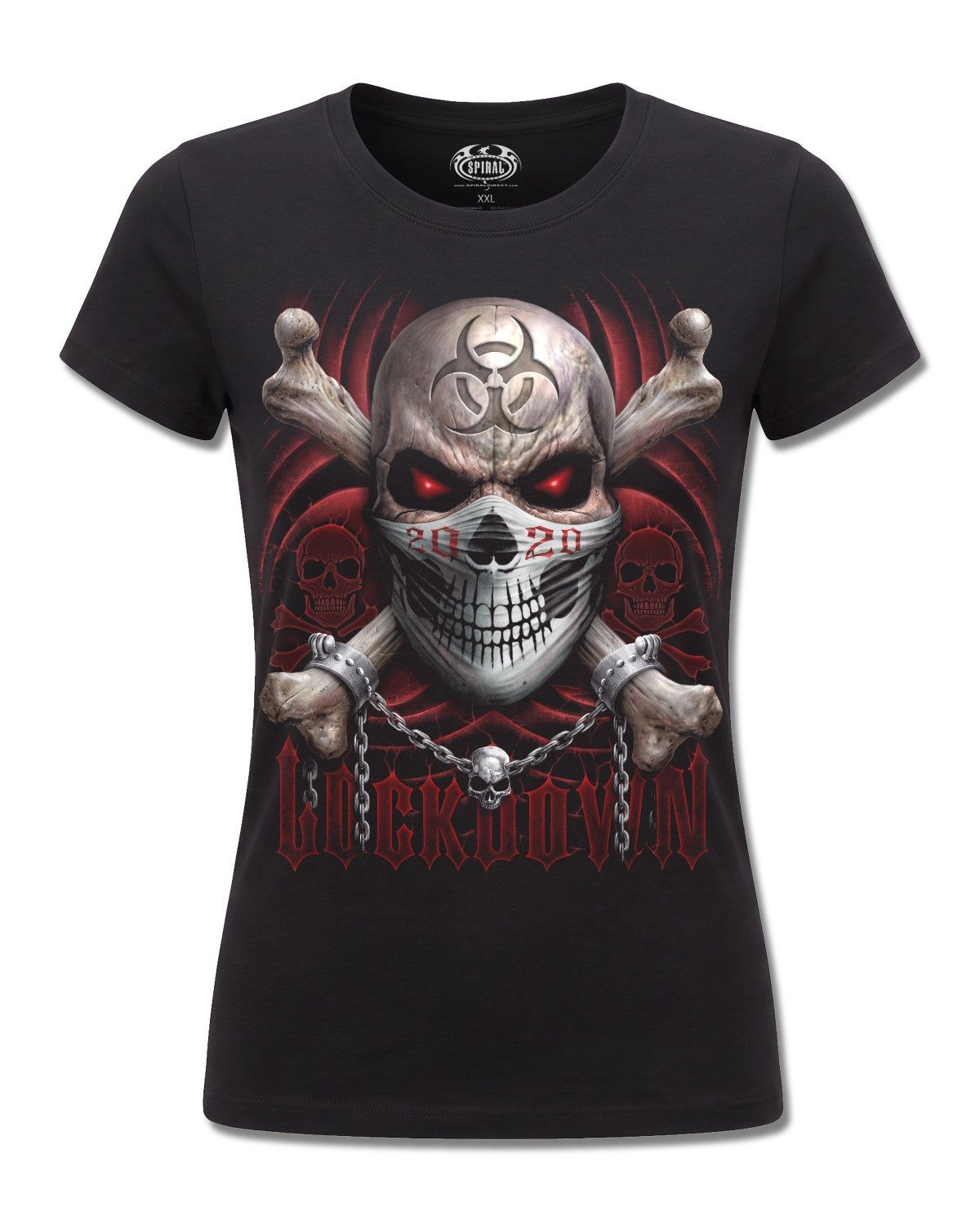 Spiral Lockdown 2020 design, front view on Black F775, Rock Off Retail official merch