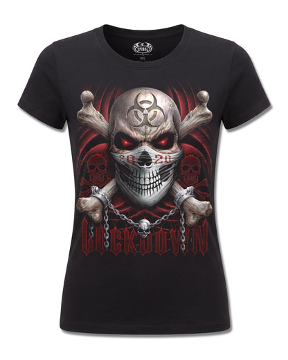 Spiral Lockdown 2020 design, front view on Black F775, Rock Off Retail official merch