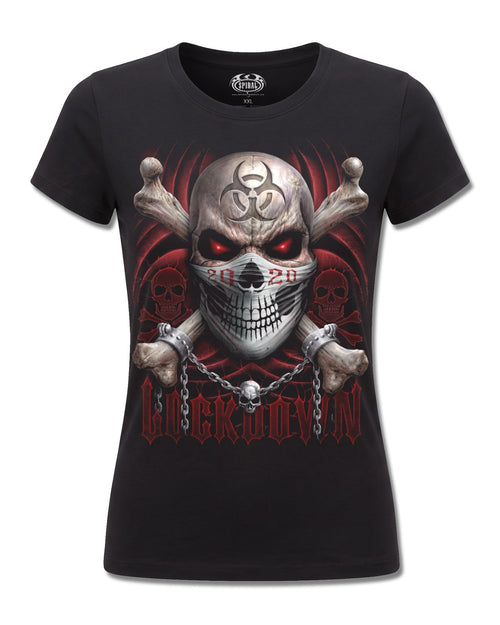 Spiral Lockdown 2020 design, front view on Black F775, Rock Off Retail official merch