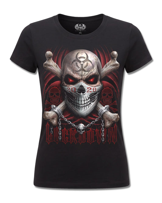 Spiral Lockdown 2020 design, front view on Black F775, Rock Off Retail official merch