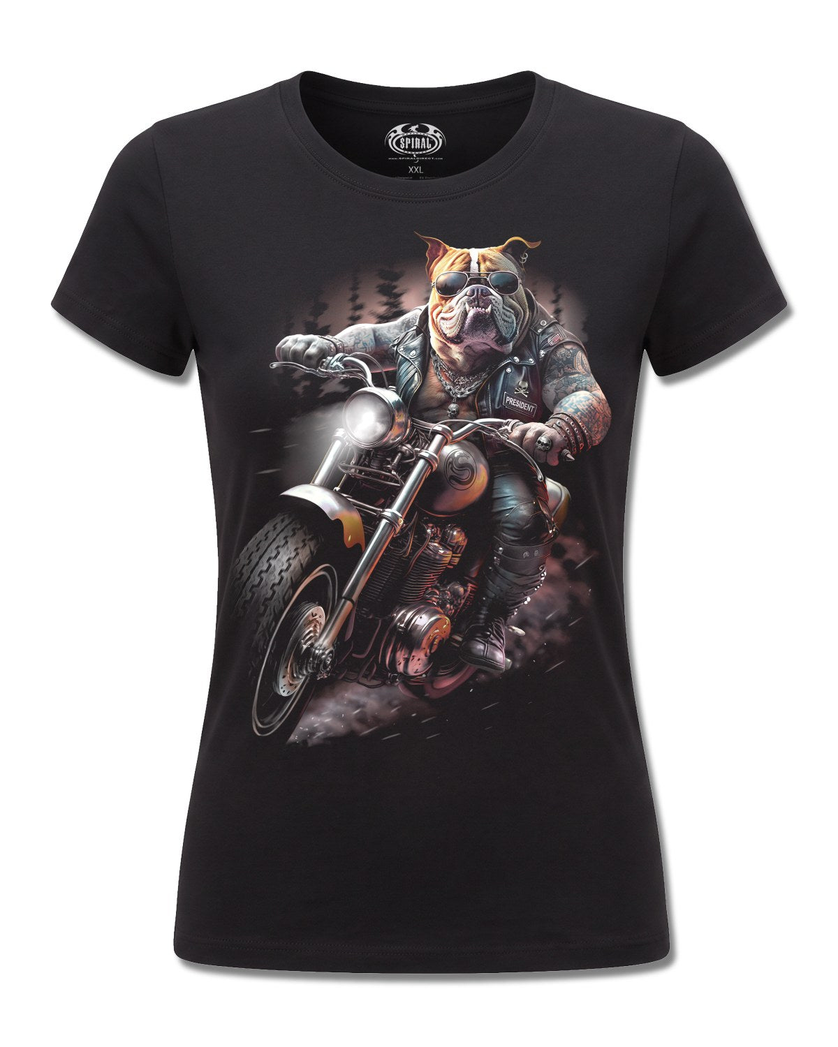 Spiral Top Dog design, front view on Black F775, Rock Off Retail official merch