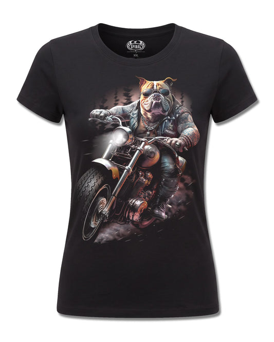 Spiral Top Dog design, front view on Black F775, Rock Off Retail official merch