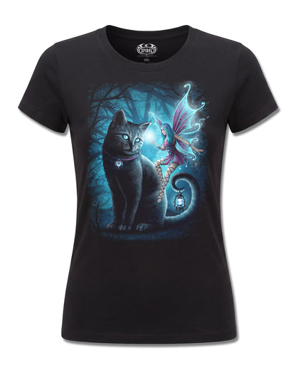Spiral Cat And Fairy design, front view on Black F775, Rock Off Retail official merch