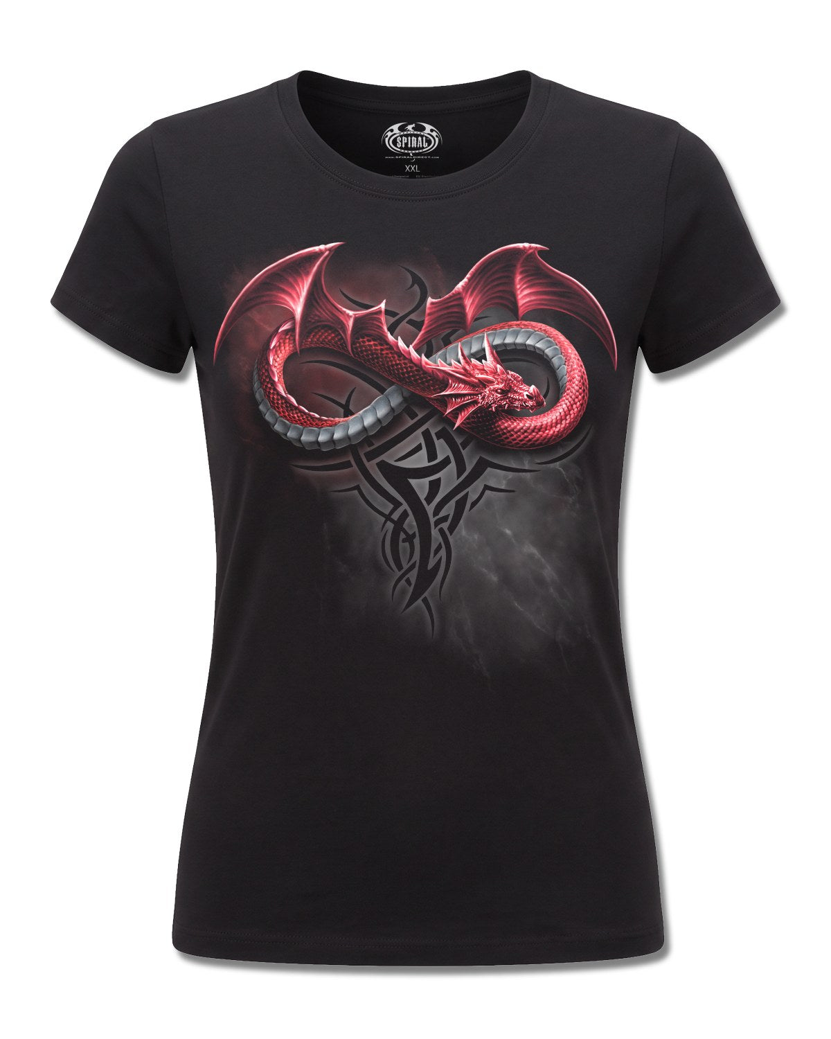 Spiral Infinity Dragons design, front view on Black F775, Rock Off Retail official merch