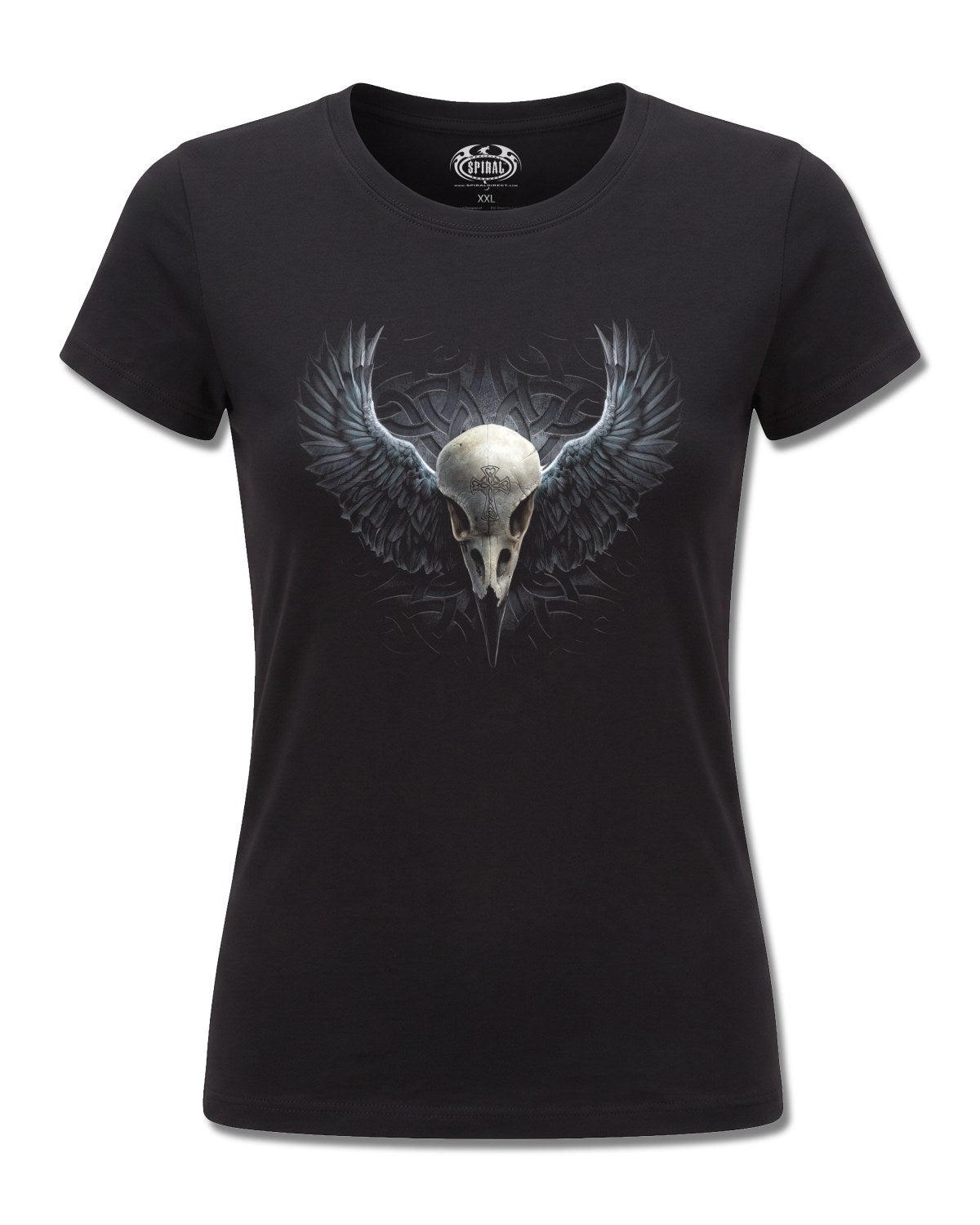 Spiral Raven Cage design, front view on Black F775, Rock Off Retail official merch