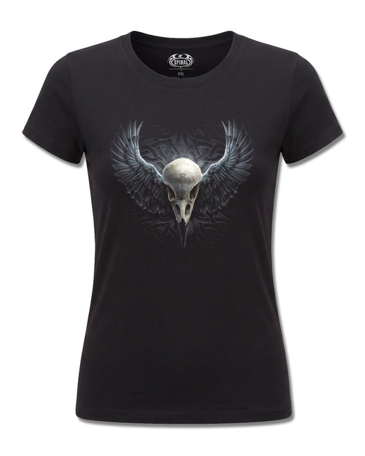 Spiral Raven Cage design, front view on Black F775, Rock Off Retail official merch