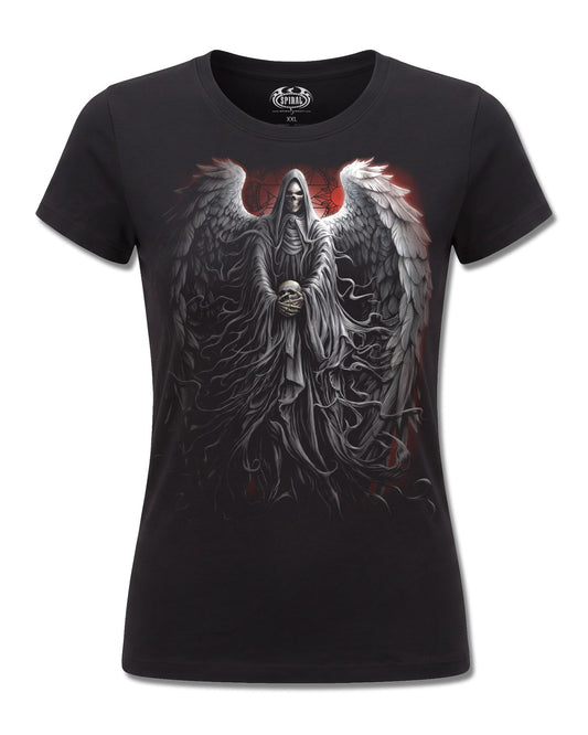 Spiral Death Robe design, front view on Black F775, Rock Off Retail official merch