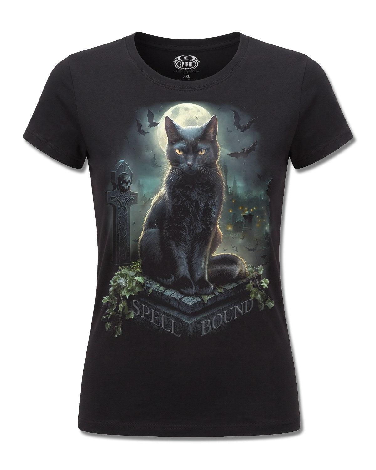 Spiral Spell Bound design, front view on Black F775, Rock Off Retail official merch