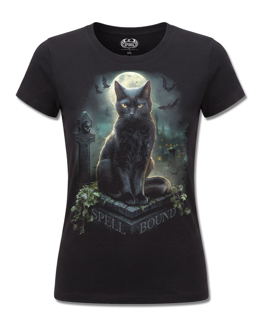 Spiral Spell Bound design, front view on Black F775, Rock Off Retail official merch