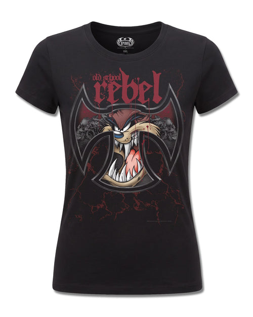 Looney Tunes Taz Old School Rebel (Looney Tunes) design, front view on Black F775, Rock Off Retail official merch