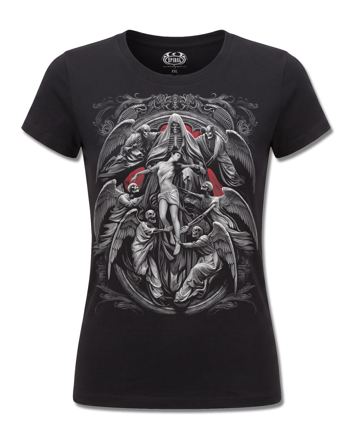 Spiral Reaper's Door design, front view on Black F775, Rock Off Retail official merch