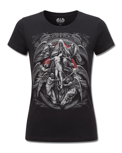 Spiral Reaper's Door design, front view on Black F775, Rock Off Retail official merch