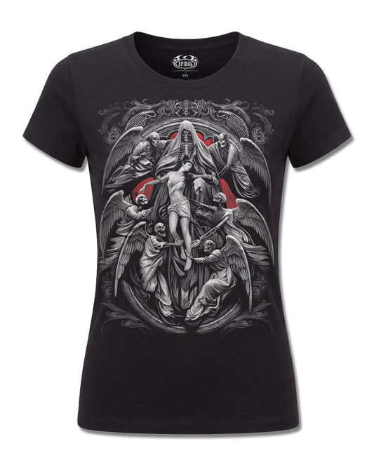 Spiral Reaper's Door design, front view on Black F775, Rock Off Retail official merch