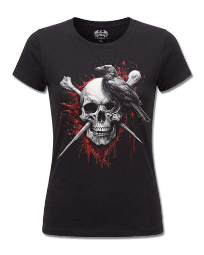 Spiral Death Raven design, front view on Black F775, Rock Off Retail official merch