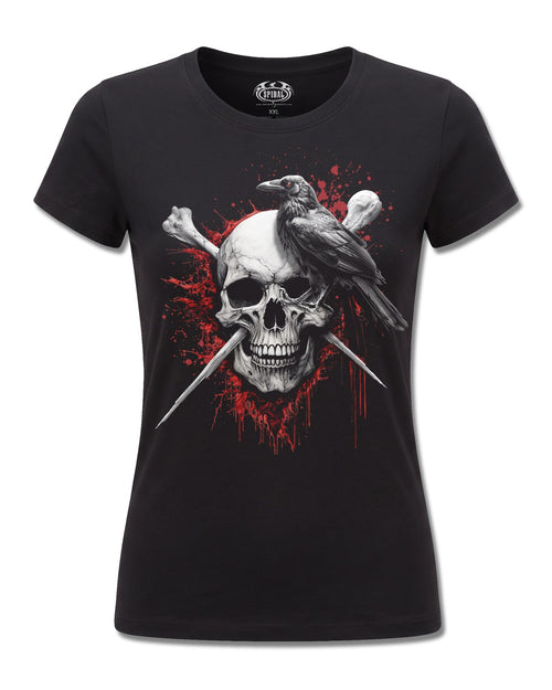 Spiral Death Raven design, front view on Black F775, Rock Off Retail official merch