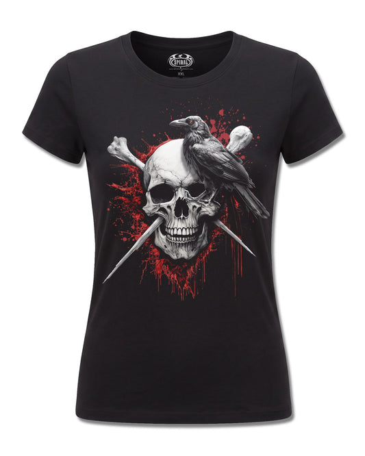 Spiral Death Raven design, front view on Black F775, Rock Off Retail official merch