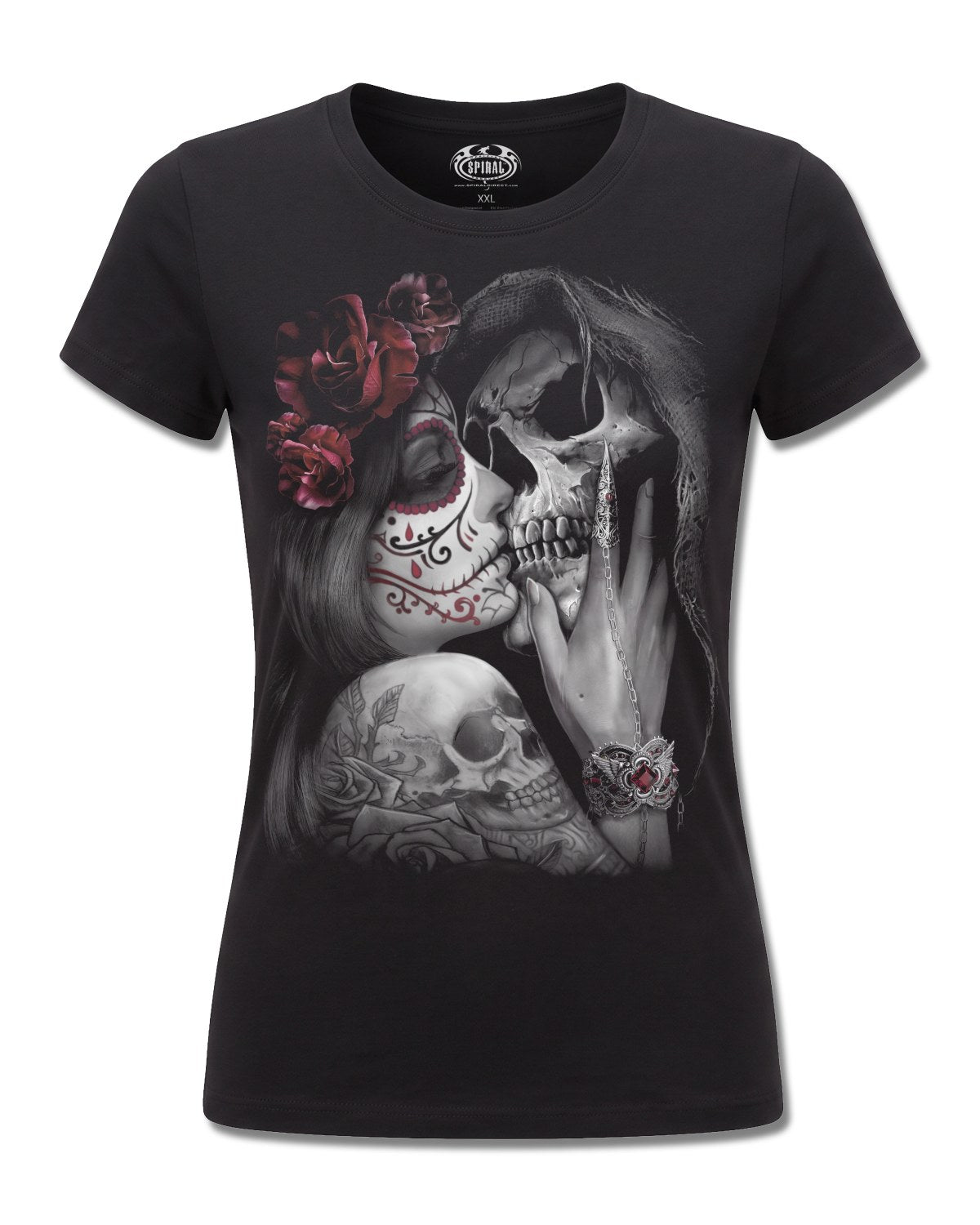Spiral Dead Kiss design, front view on Black F775, Rock Off Retail official merch
