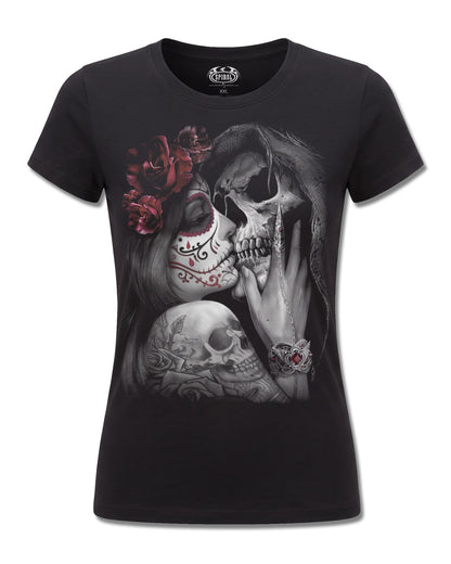 Spiral Dead Kiss design, front view on Black F775, Rock Off Retail official merch