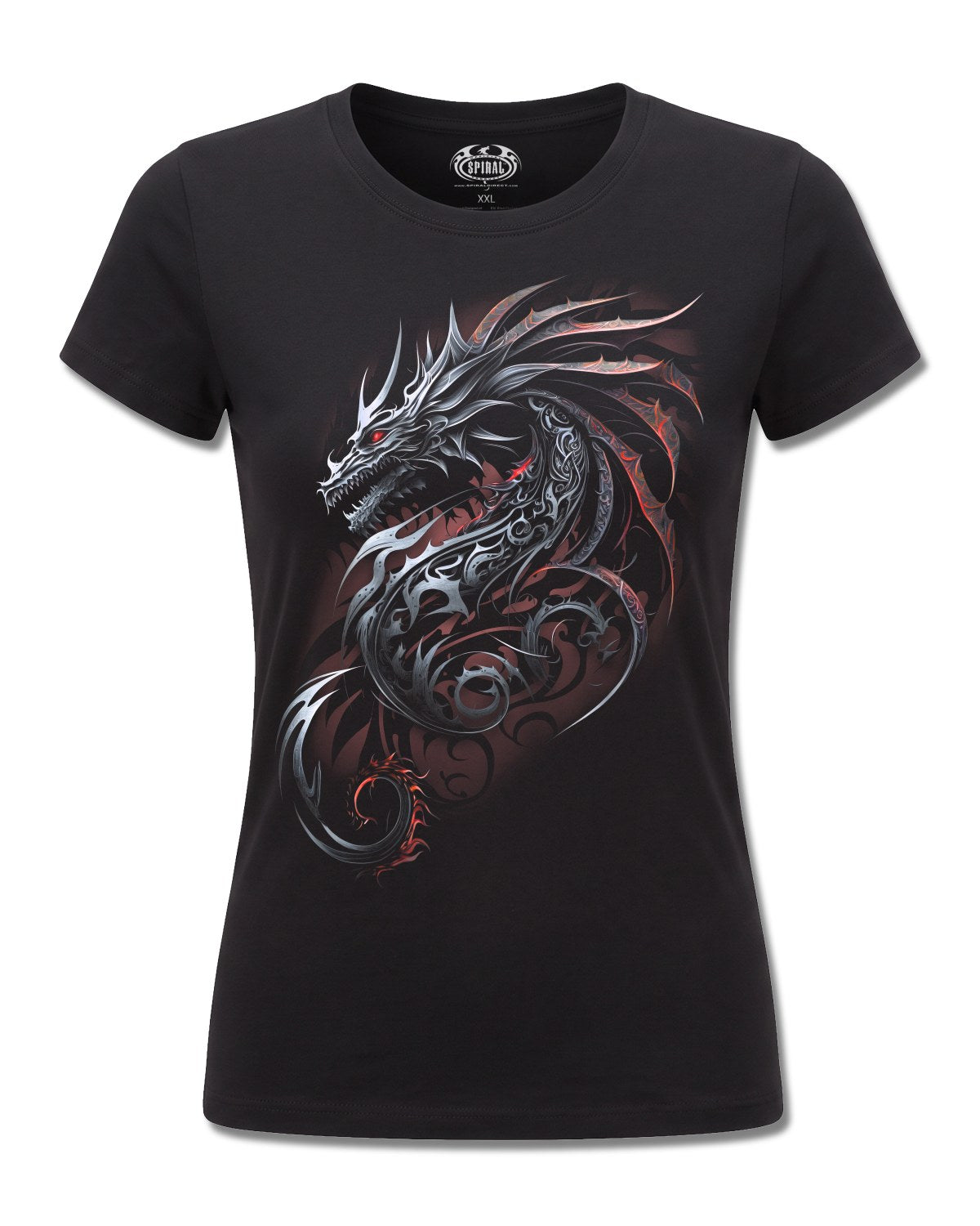 Spiral Dragon Shards design, front view on Black F775, Rock Off Retail official merch